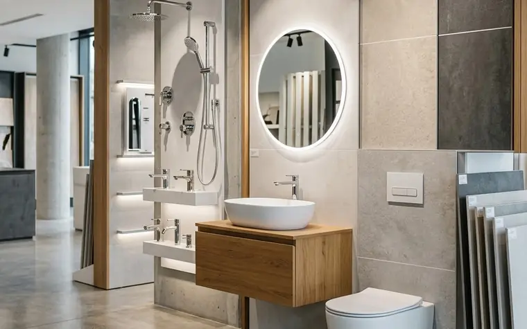A building-materials showroom displaying tiles, a wash basin, sanitaryware and bathroom fittings.