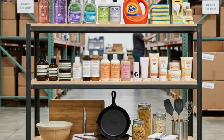 Household and personal-care products arranged on shelving inside a distribution warehouse, with stacked cartons behind.