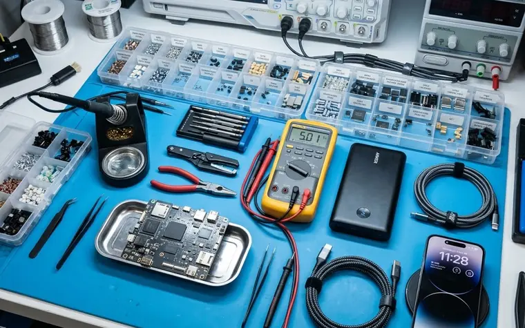 Electronic components, cables, a circuit board and test instruments laid out on a workbench.