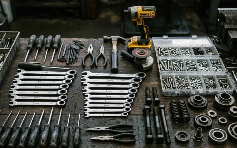Spanners, pliers, a power drill, fasteners and bearings arranged on a workshop bench.