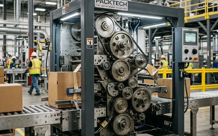 An industrial packaging machine running on a factory line, with a worker attending in the background.