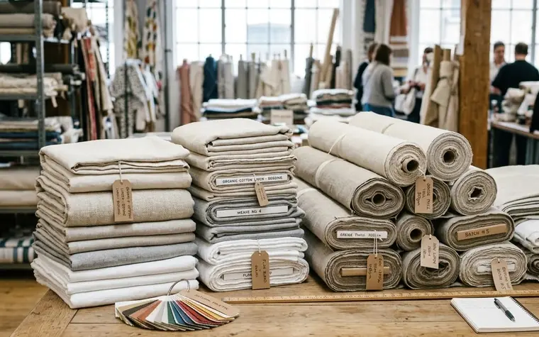 Folded fabric lengths and rolled bolts of cloth stacked on a wooden table in a textile showroom.