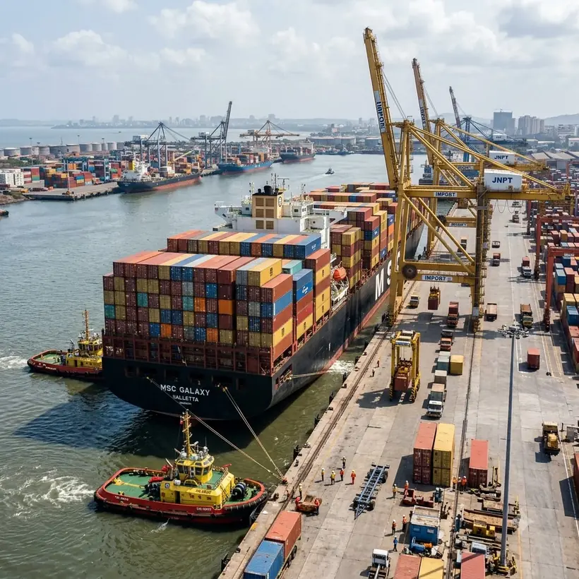 A fully loaded container ship berthed alongside gantry cranes at a working port, with stacked containers and a tug boat in the foreground.